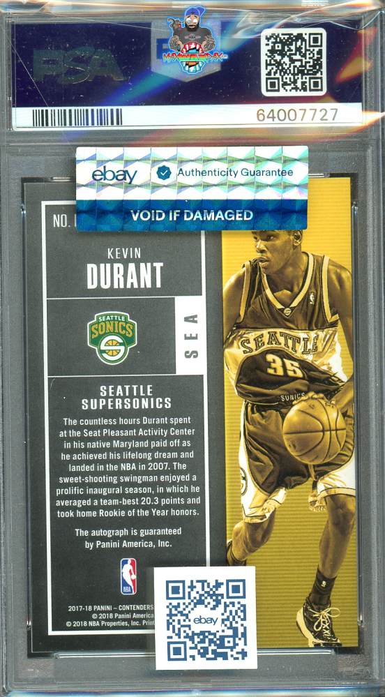 Back of 2017 Panini Contenders Historic Rookie Ticket Autograph Kevin Durant #1 /49