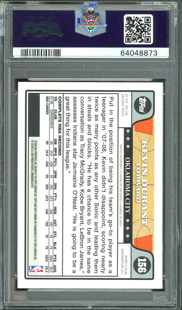 Back of 2008 Topps Chrome Kevin Durant #156