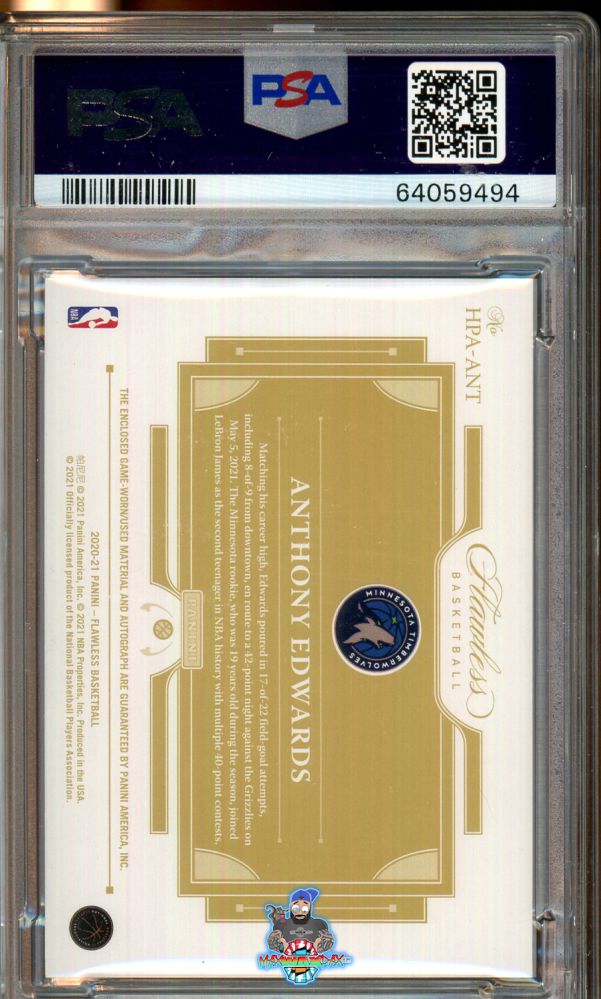 Back of 2020 Panini Flawless Horizontal Patch Autograph Ruby Anthony Edwards #1 /15