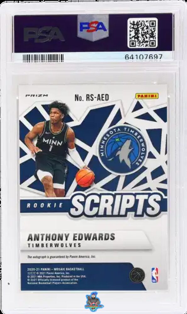 Back of 2020 Panini Mosaic Rookie Scripts Gold Anthony Edwards #RSAED