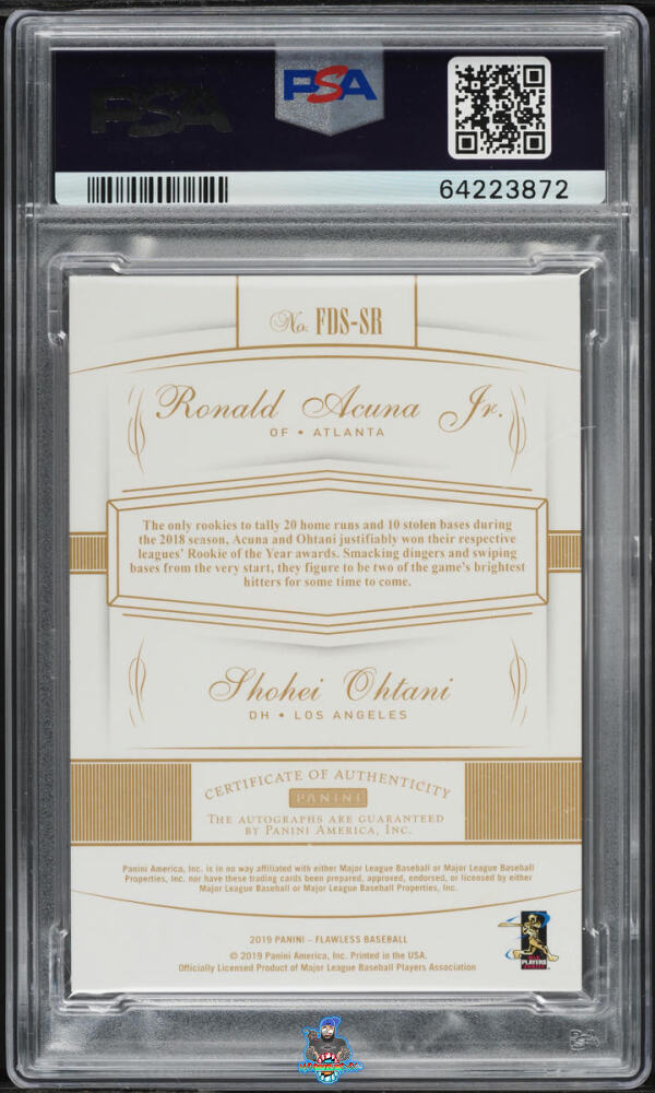 Back of 2019 Panini Flawless Dual Signatures Ruby Ronald Acuna Jr./Shohei Ohtani #4 /10