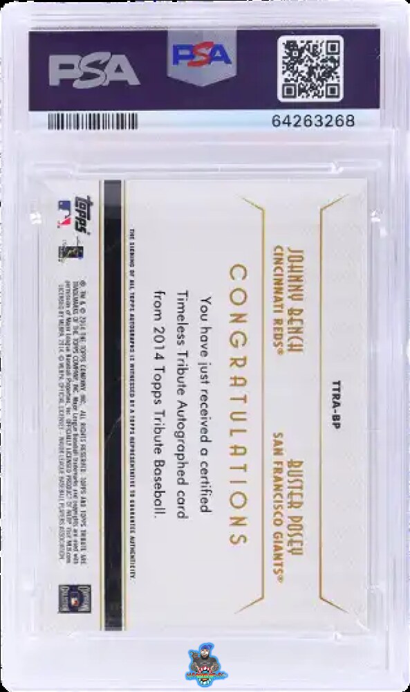 Back of 2014 Topps Tribute Timeless Tribute Dual Autographs Buster Posey/Johnny Bench #TTRABP /24