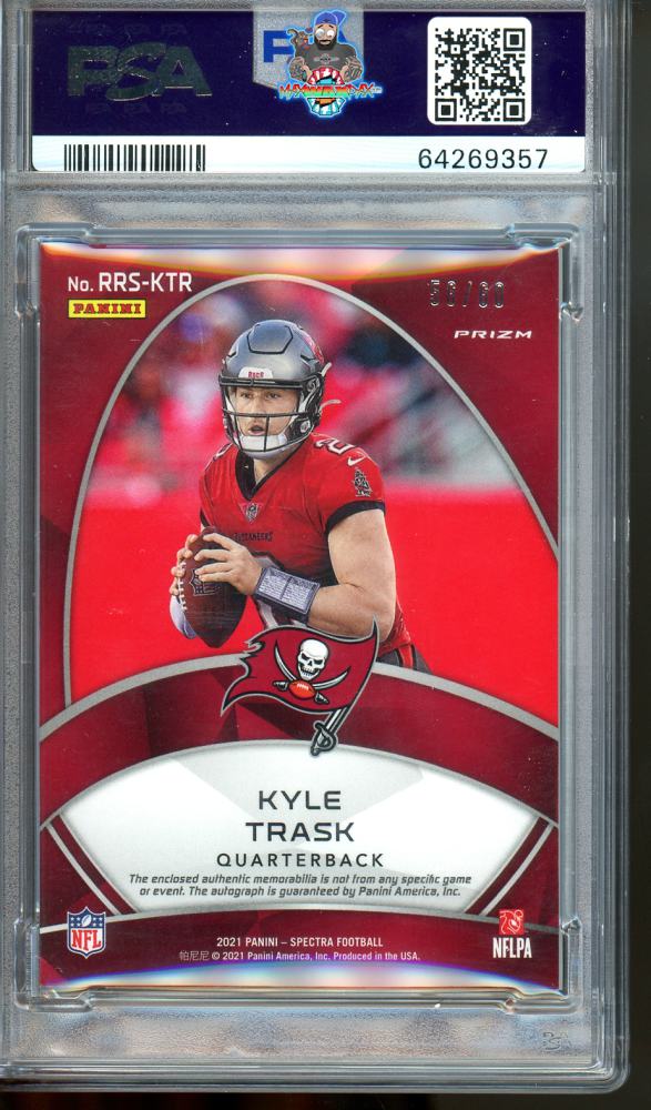 Back of 2021 Panini Spectra Radiant Rookie Patch Signature Celestial Prizm Kyle Trask #3 /60