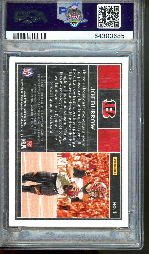 Back of 2020 Panini One Patch Autograph Joe Burrow #1 /99