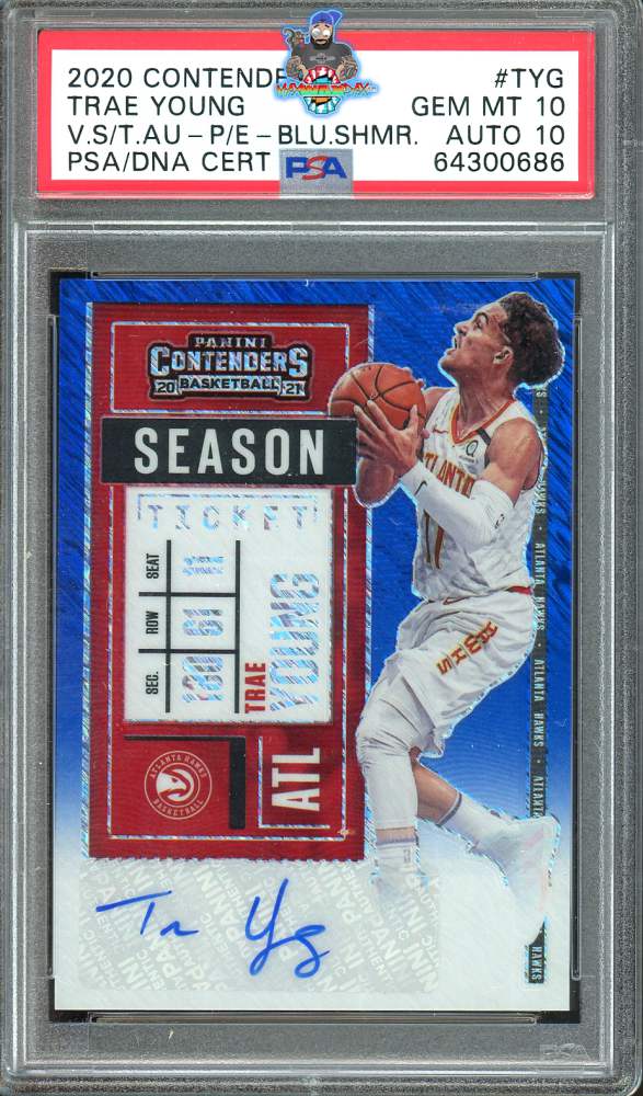 2020 Panini Contenders Season Ticket Veteran Autograph Premium Blue Shimmer Fotl Trae Young #6 /20