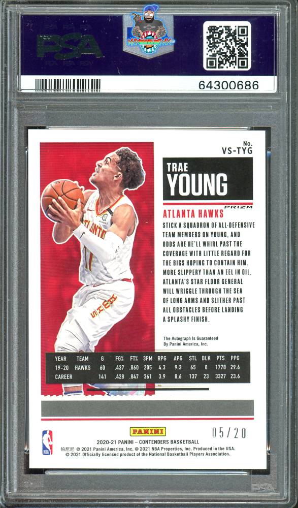 Back of 2020 Panini Contenders Season Ticket Veteran Autograph Premium Blue Shimmer Fotl Trae Young #6 /20