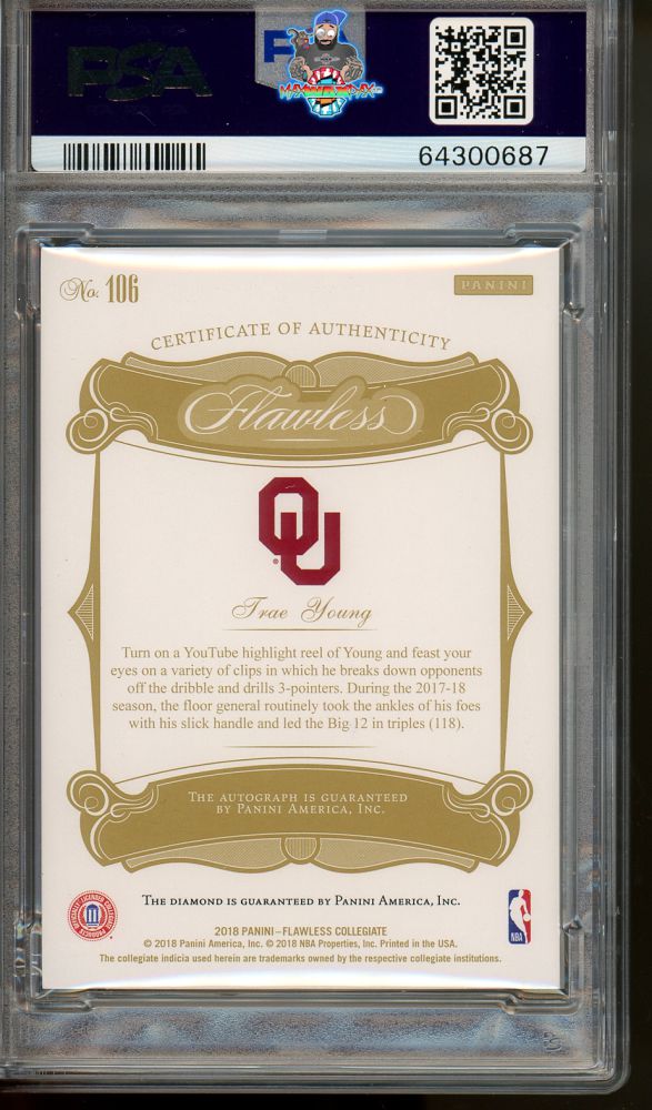 Back of 2018 Panini Flawless Collegiate Rookie Gems Signature Trae Young #106 /25