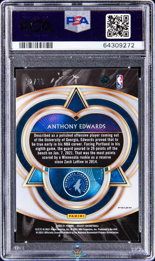 Back of 2020 Panini Select Phenomenon Gold Prizm Anthony Edwards #1 /10