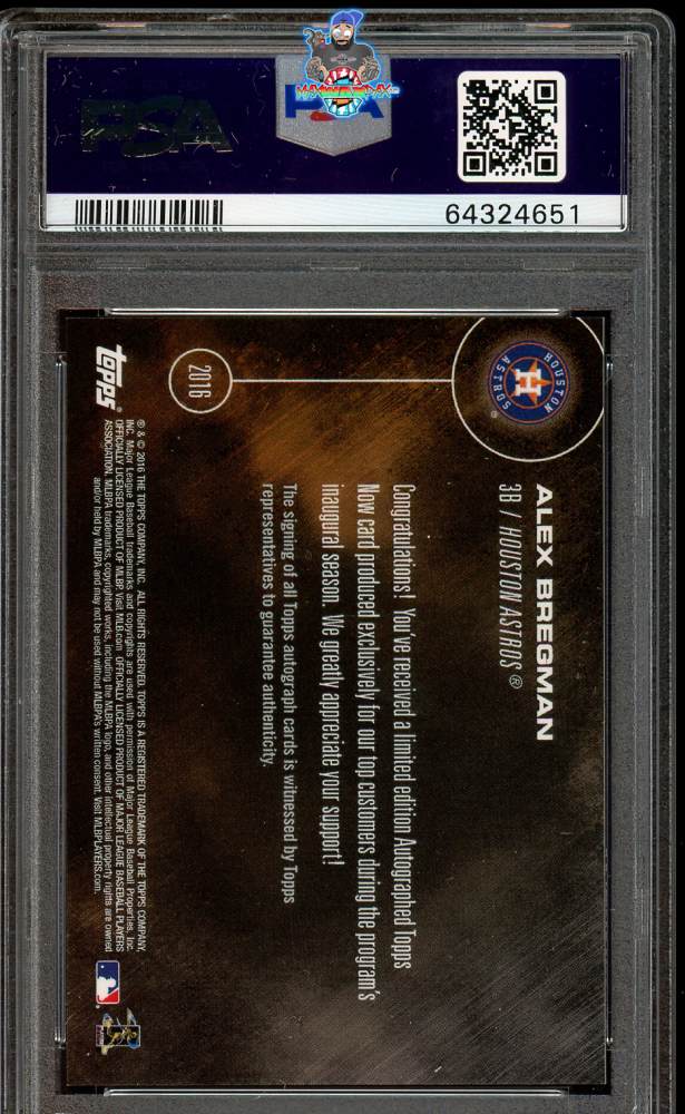 Back of 2016 Topps Now Customer Appreciation Autograph Alex Bregman #1 /25