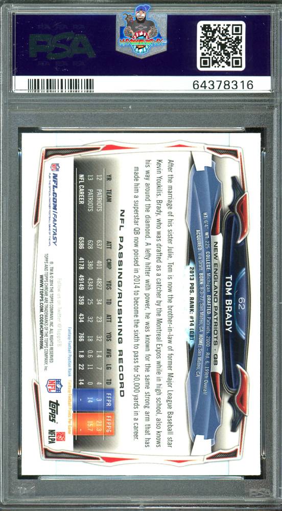Back of 2014 Topps Chrome Xfractor Tom Brady #62