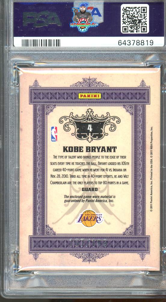 Back of 2010 Panini Gold Standard Gold Bars Material Kobe Bryant #4 /199
