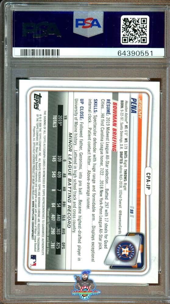 Back of 2020 Bowman Chrome Prospect Autograph Atomic Refractor Jeremy Pena #CPAJP /100