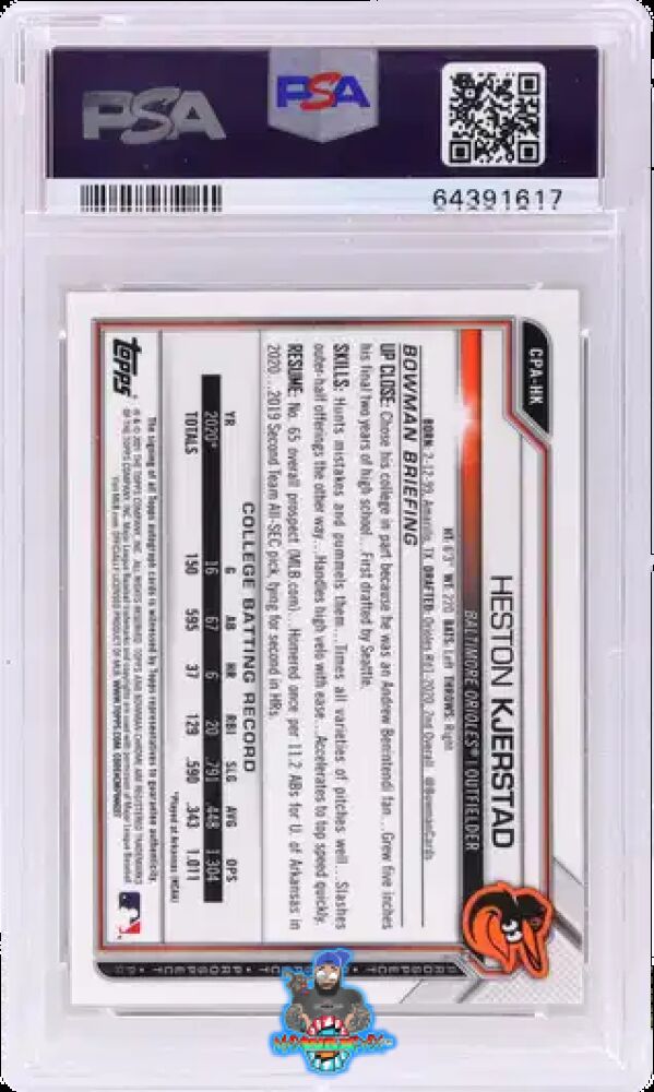 Back of 2021 Bowman Chrome Prospect Autograph Red Refractor Heston Kjerstad #CPAHK /5