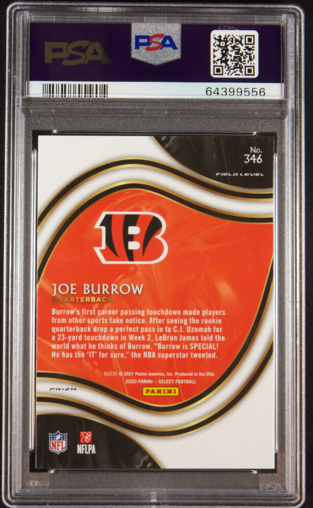 Back of 2020 Panini Select Field Level Silver Prizm Joe Burrow #346