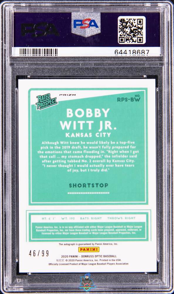 Back of 2020 Panini Donruss Optic Rated Prospects Signatures Green Mojo Bobby Witt Jr. #5 /99