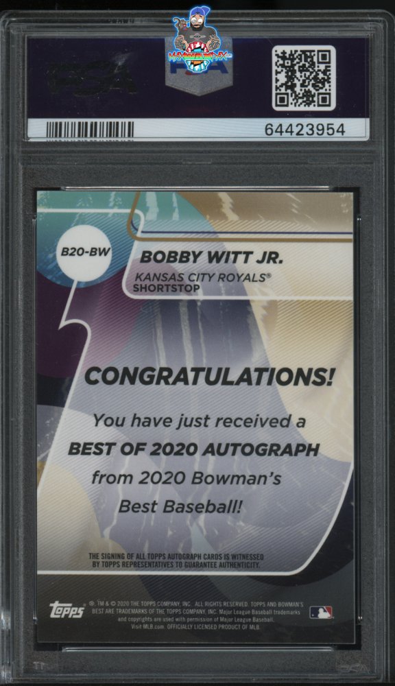 Back of 2020 Bowman's Best Best of '20 Autographs Blue Refractor Bobby Witt Jr. #B20BW /150