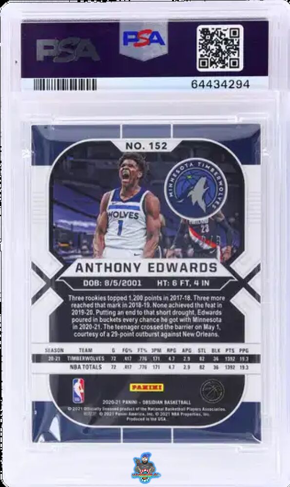 Back of 2020 Panini Obsidian Electric Etch Blue Finite Anthony Edwards #152 /3