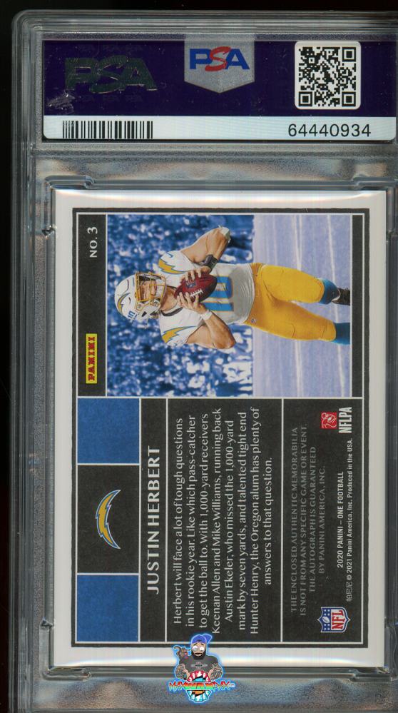 Back of 2020 Panini One Patch Autograph Bronze Justin Herbert #3 /35