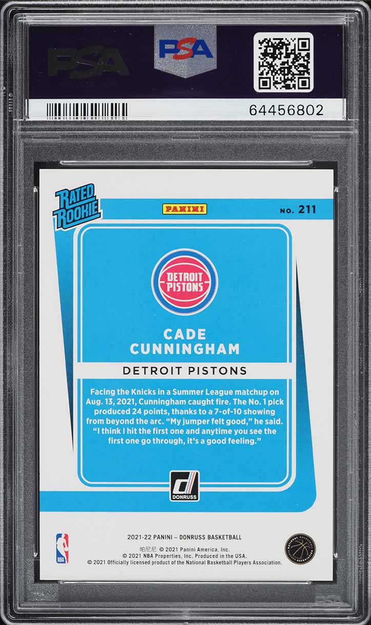 Back of 2021 Donruss Rated Rookie Holo Gold Laser Cade Cunningham #211 /10