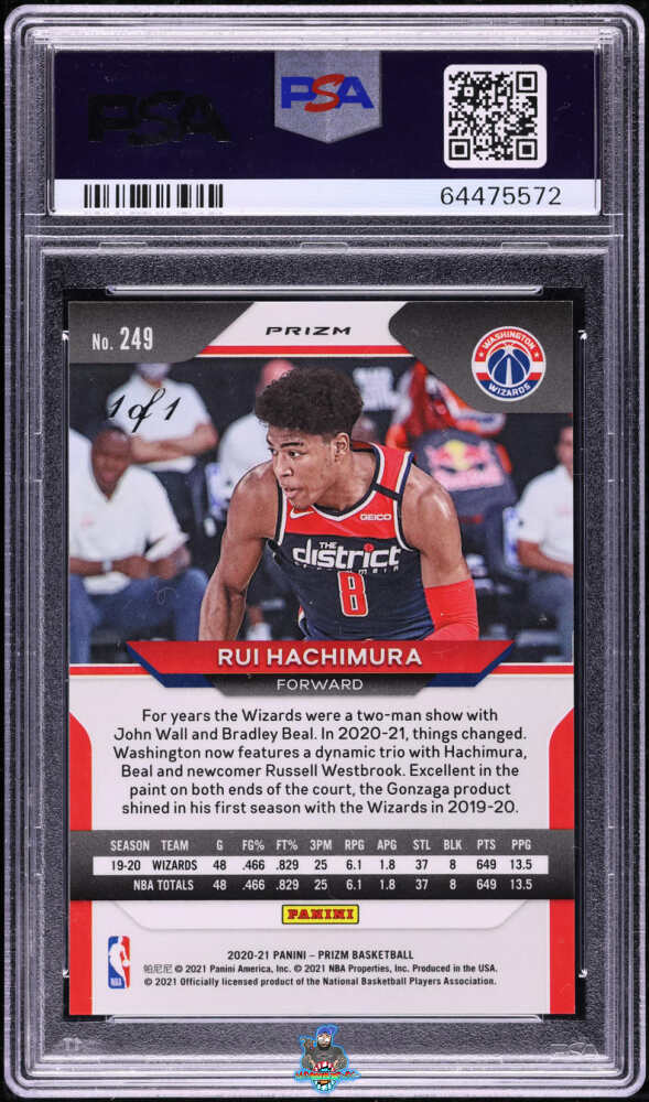 Back of 2020 Panini Prizm Black Prizm Rui Hachimura #249 /1