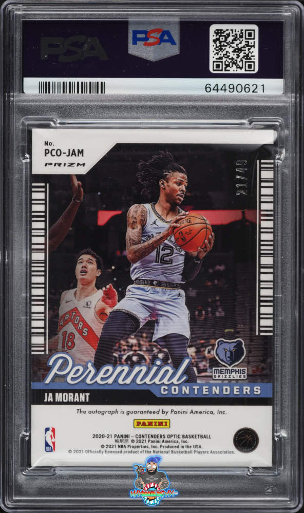 Back of 2020 Panini Contenders Optic Perennial Contenders Autograph Prizm Ja Morant #13 /49