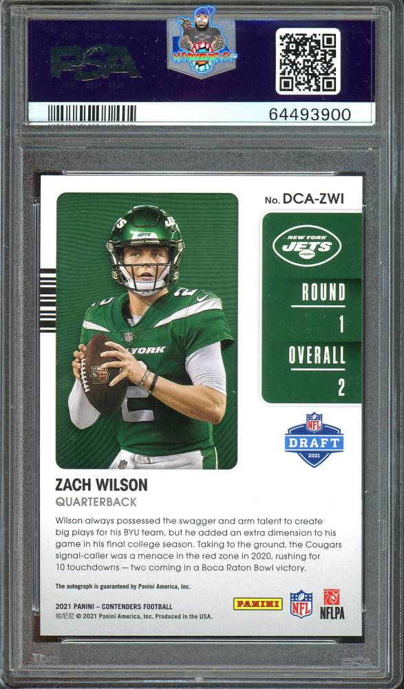 Back of 2021 Panini Contenders Draft Class Autograph Gold Zach Wilson #2 /21