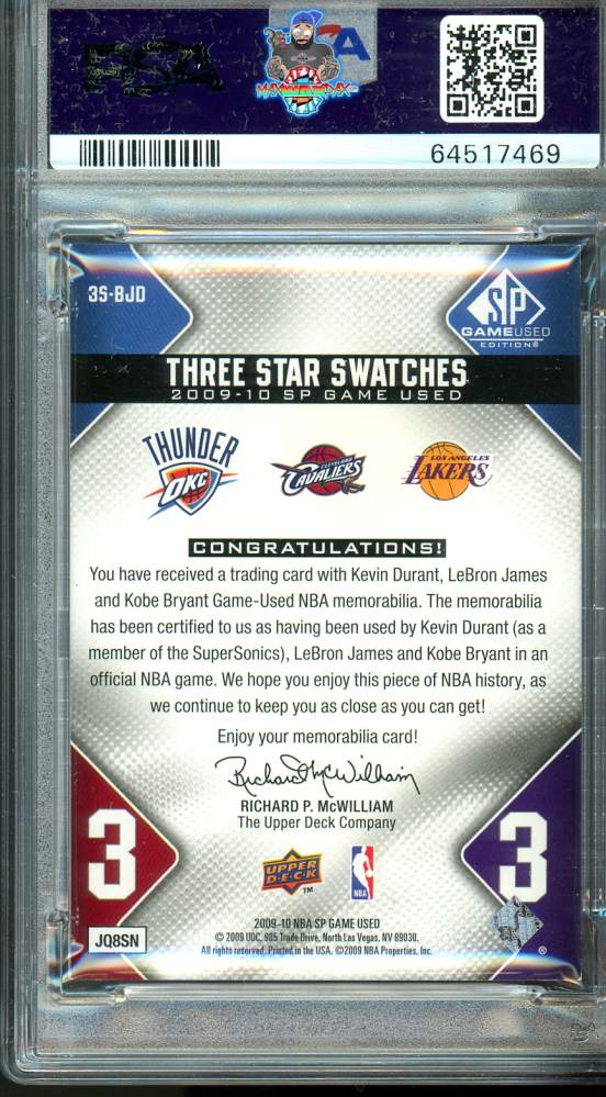 Back of 2009 SP Game Used 3 Star Swatches Kevin Durant/Kobe Bryant/Lebron James #3SBJD /50