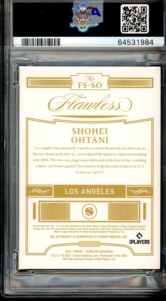 Back of 2021 Panini Flawless Signature Shohei Ohtani #35 /15