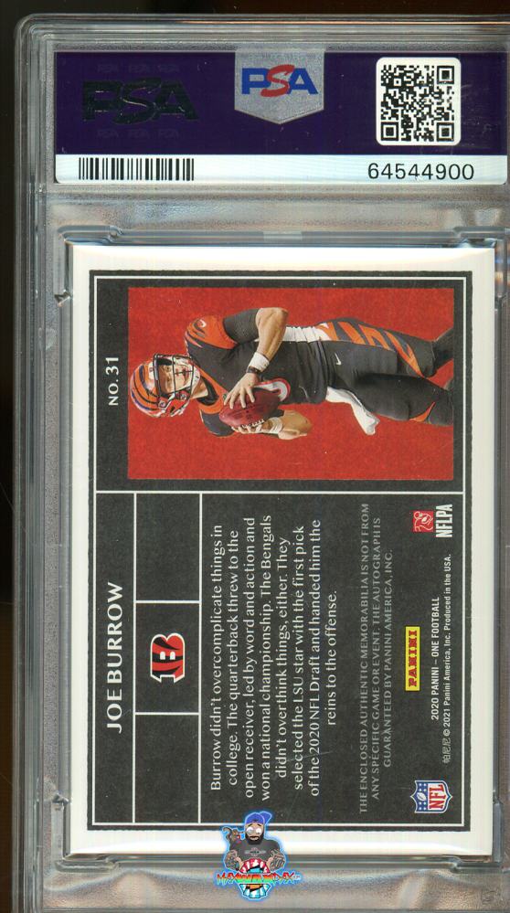 Back of 2020 Panini One Rookie Dual Patches Autograph Platinum Joe Burrow #31 /5