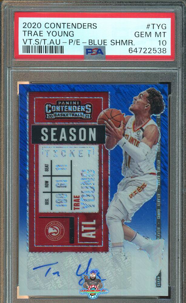 2020 Panini Contenders Season Ticket Veteran Autograph Premium Blue Shimmer Fotl Trae Young #6 /20