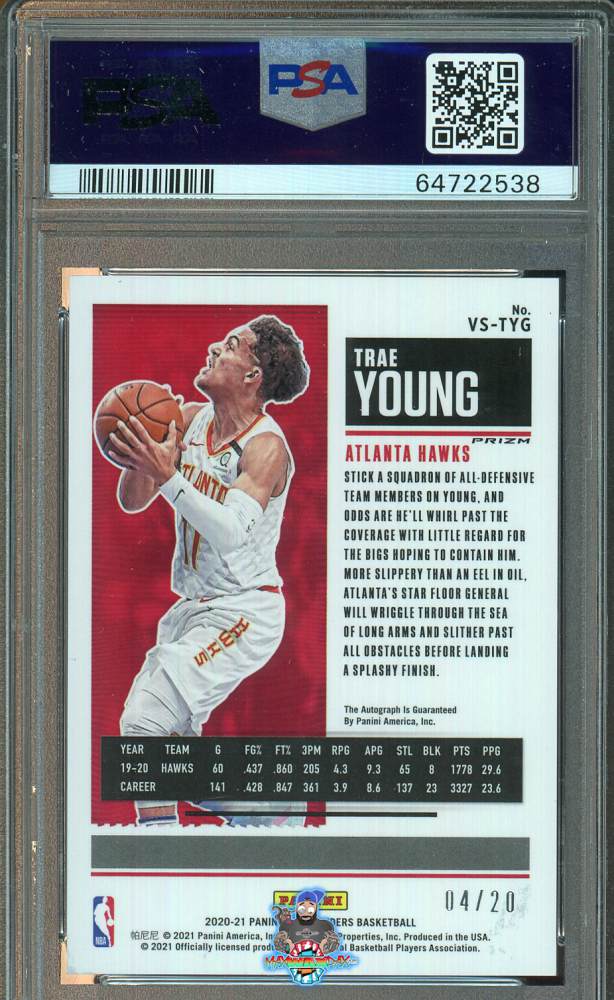 Back of 2020 Panini Contenders Season Ticket Veteran Autograph Premium Blue Shimmer Fotl Trae Young #6 /20