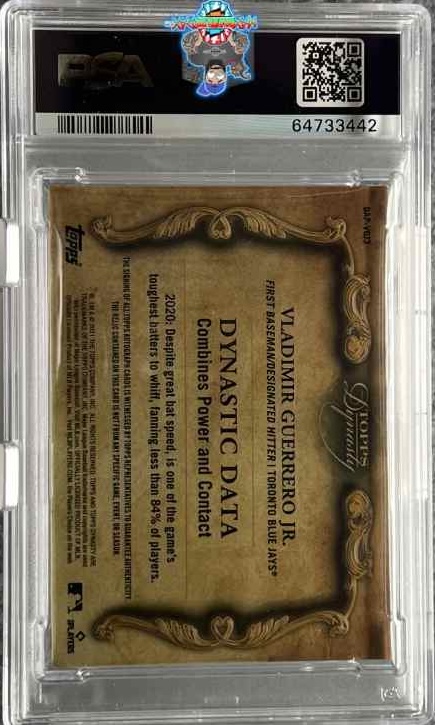 Back of 2021 Topps Dynasty Autograph Patch Gold Vladimir Guerrero Jr. #VGJ3 /1