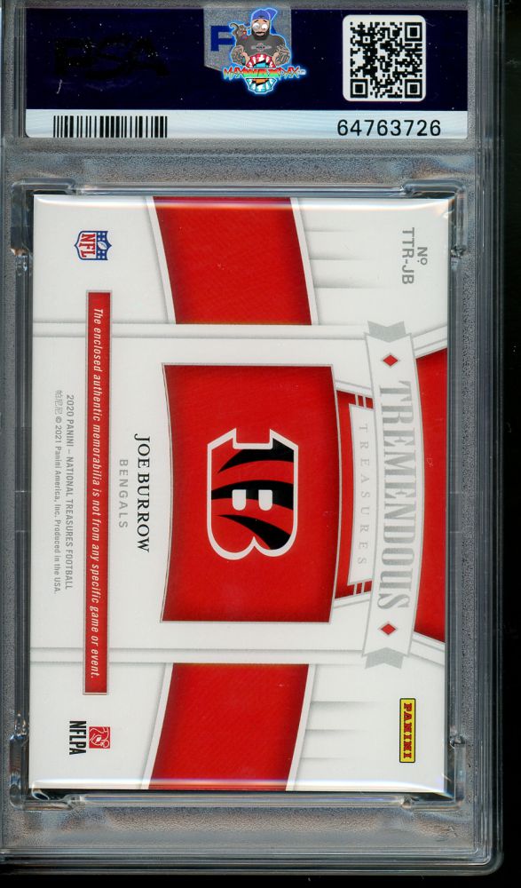 Back of 2020 National Treasures Tremendous Treasures Rookie Relic Joe Burrow #1 /99