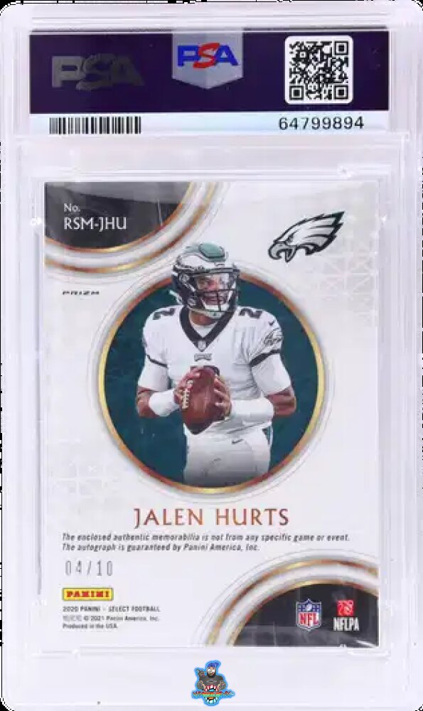 Back of 2020 Panini Select Rookie Signature Memorabilia Disco Gold Prizm Jalen Hurts #22 /10