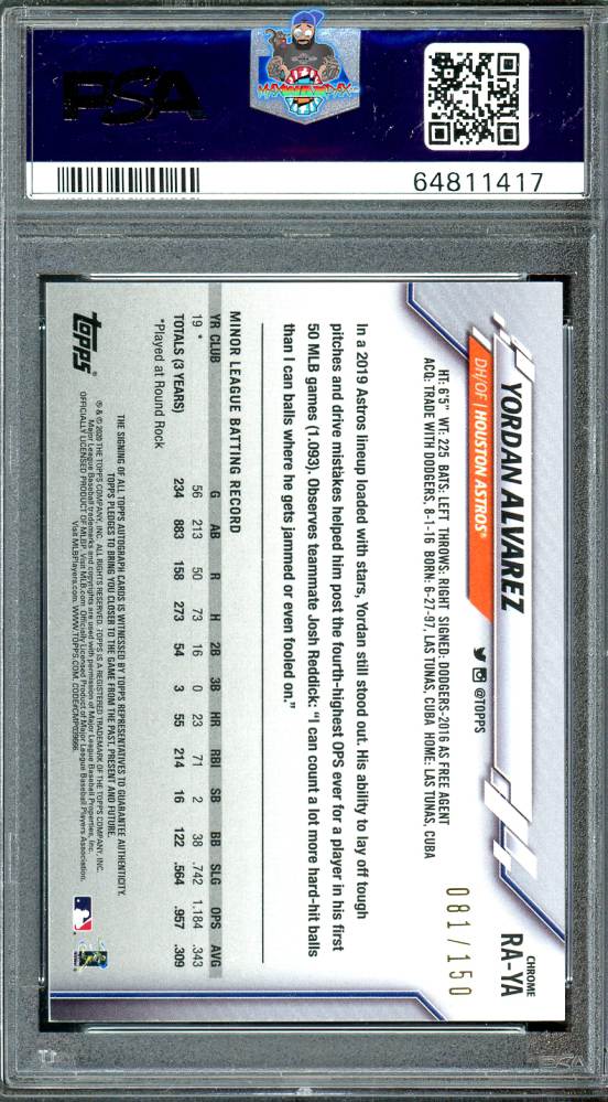 Back of 2020 Topps Chrome Rookie Autograph Blue Refractor Yordan Alvarez #RAYA /150