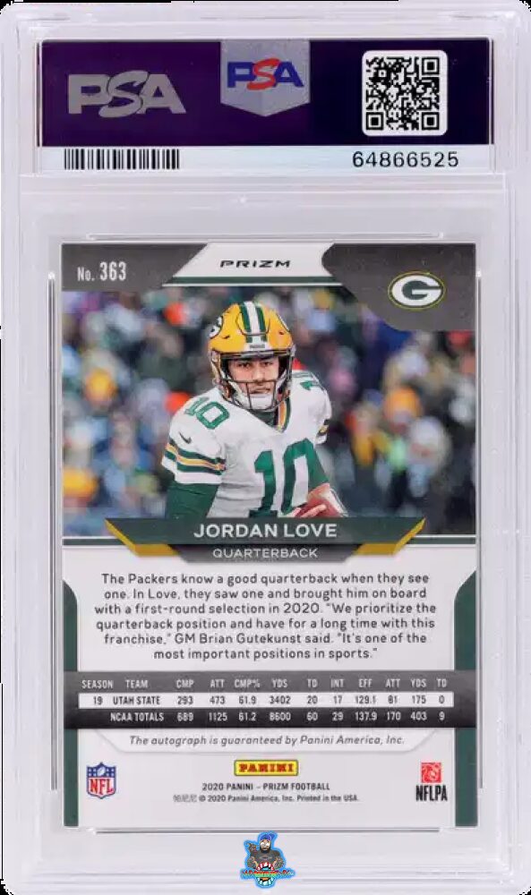 Back of 2020 Panini Prizm Rookie Autograph No Huddle Prizm Jordan Love #363