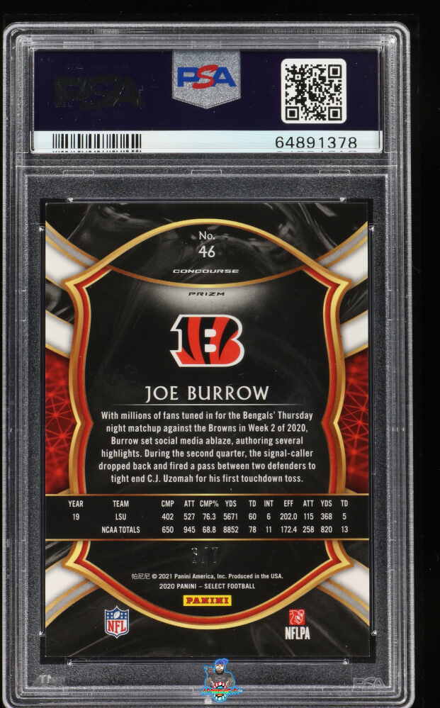 Back of 2020 Panini Select Concourse Neon Orange Pulsar Prizm Joe Burrow #46 /7