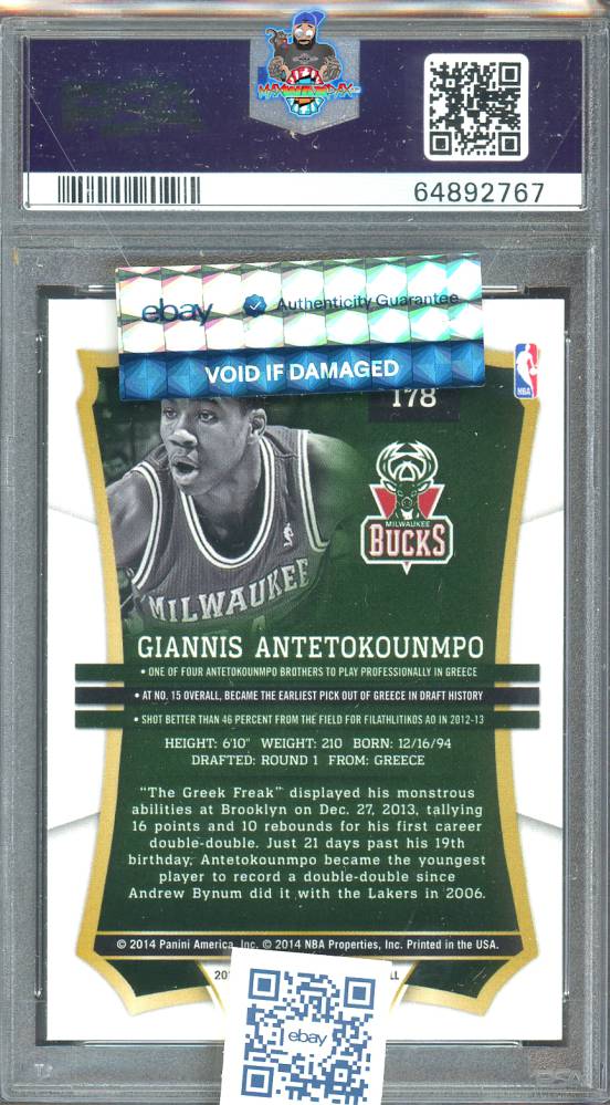 Back of 2013 Panini Select Giannis Antetokounmpo #178