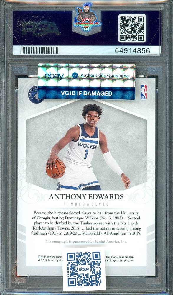 Back of 2020 National Treasures Rookie Private Signings Autograph Association Version Anthony Edwards #1 /99