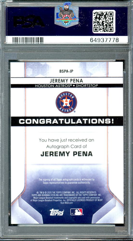 Back of 2020 Bowman Sterling Prospect Autographs Speckle Refractor Jeremy Pena #BSPAJP /99