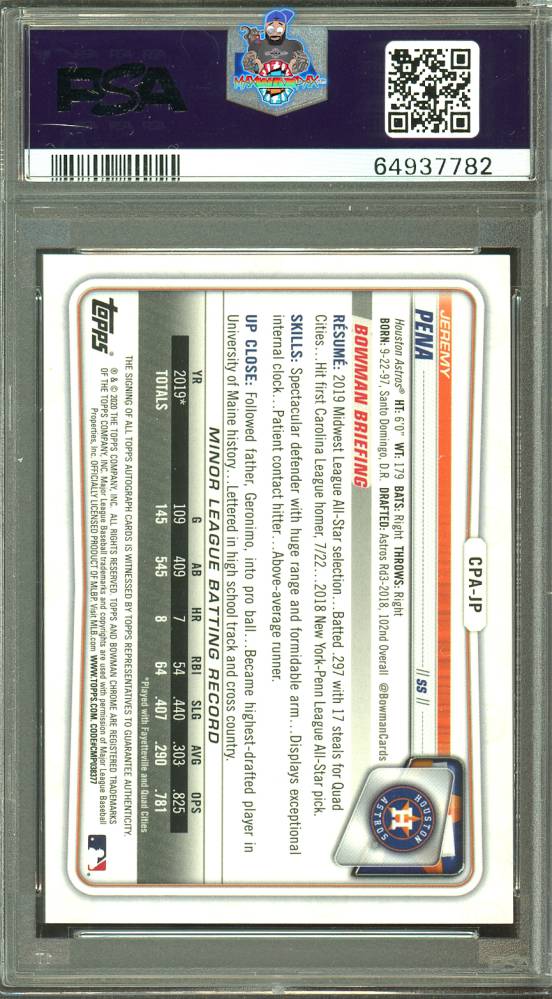 Back of 2020 Bowman Chrome Prospect Autograph Speckle Refractor Jeremy Pena #CPAJP /299