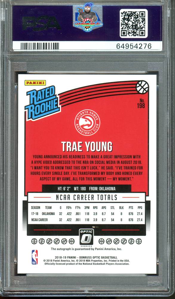 Back of 2018 Donruss Optic Rookie Signatures Trae Young #198