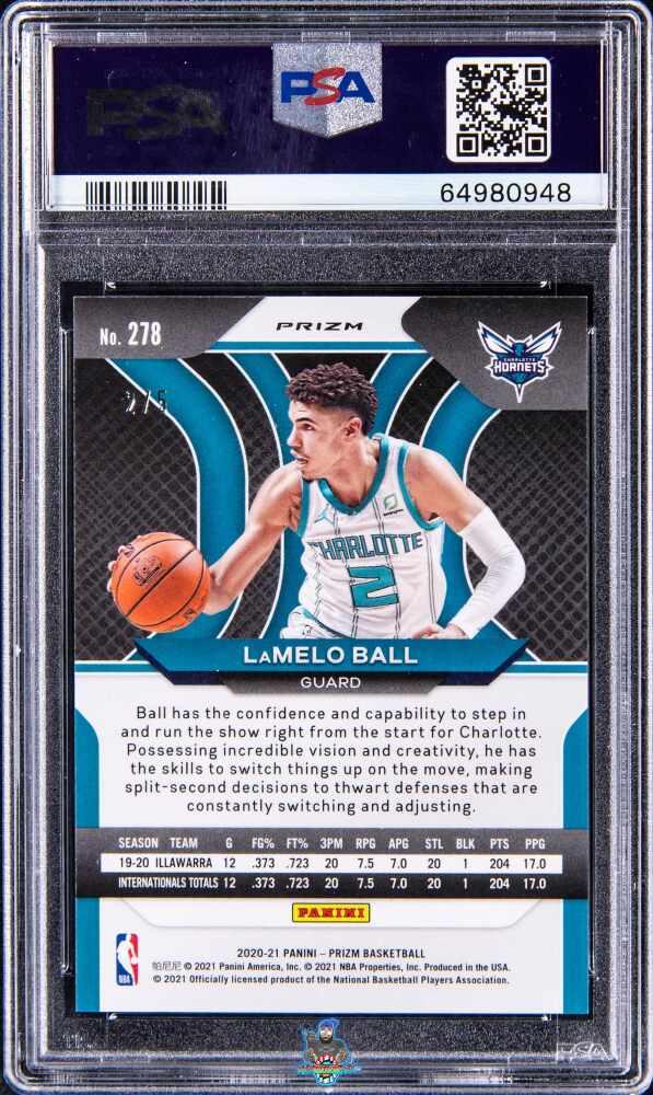 Back of 2020 Panini Prizm Prizms Black Gold Lamelo Ball #278 /5