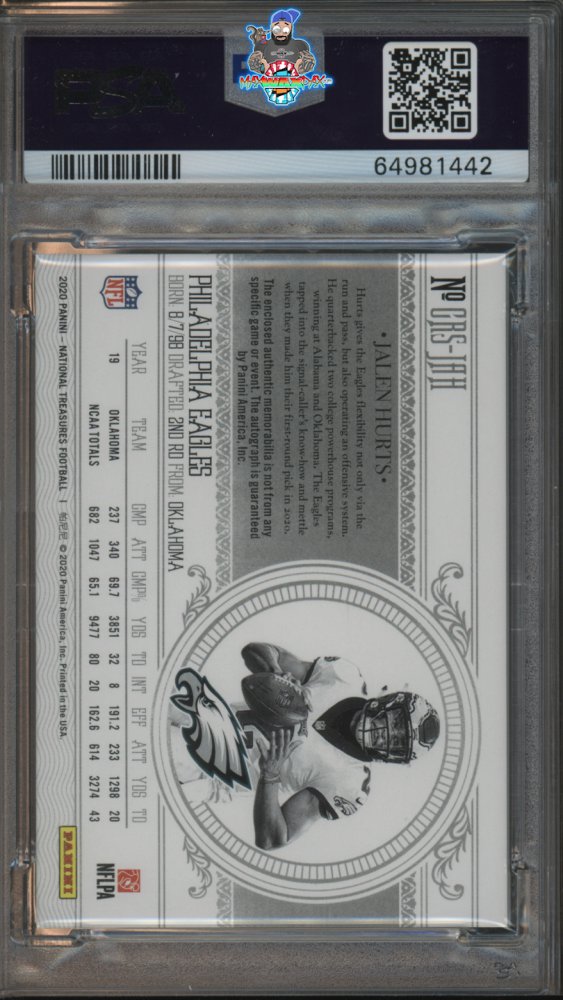Back of 2020 National Treasures Crossover Rookie Patch Autograph Jalen Hurts #CRS-JAH /99