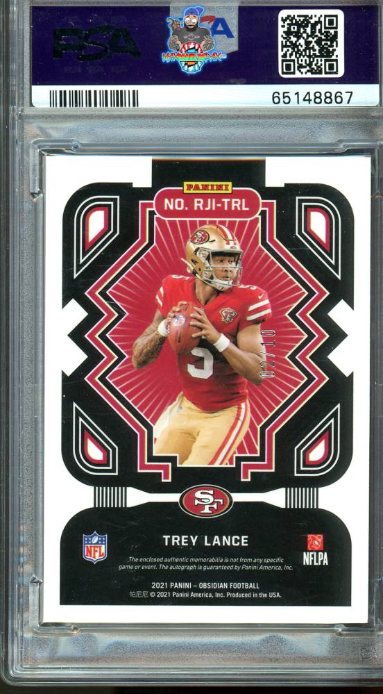 Back of 2021 Panini Obsidian Rookie Jersey Ink Electric Etch Red Trey Lance #4 /10