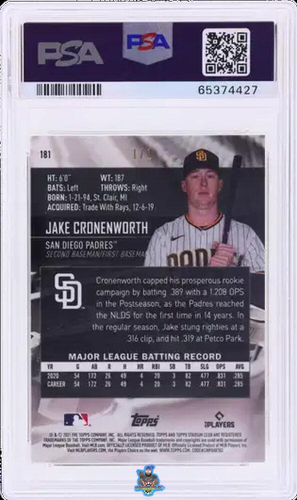 Back of 2021 Topps Stadium Club Chrome Superfractor Jake Cronenworth #181 /1