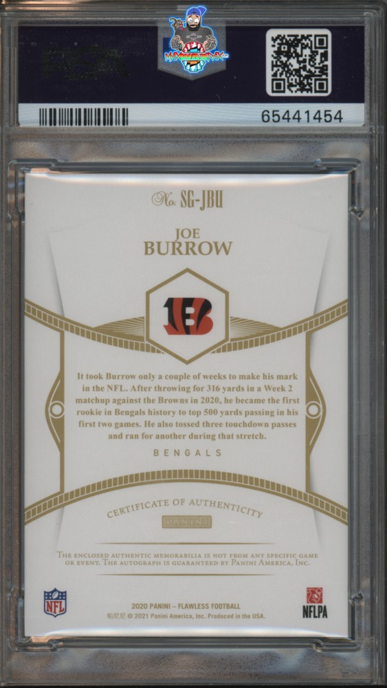 Back of 2020 Panini Flawless Signature Gloves Ruby Joe Burrow #1 /15