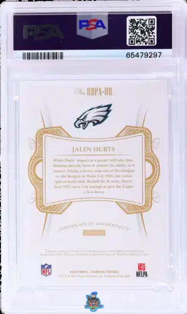 Back of 2020 Panini Flawless Rookie Dual Patch Autograph Bronze Jalen Hurts #25 /6