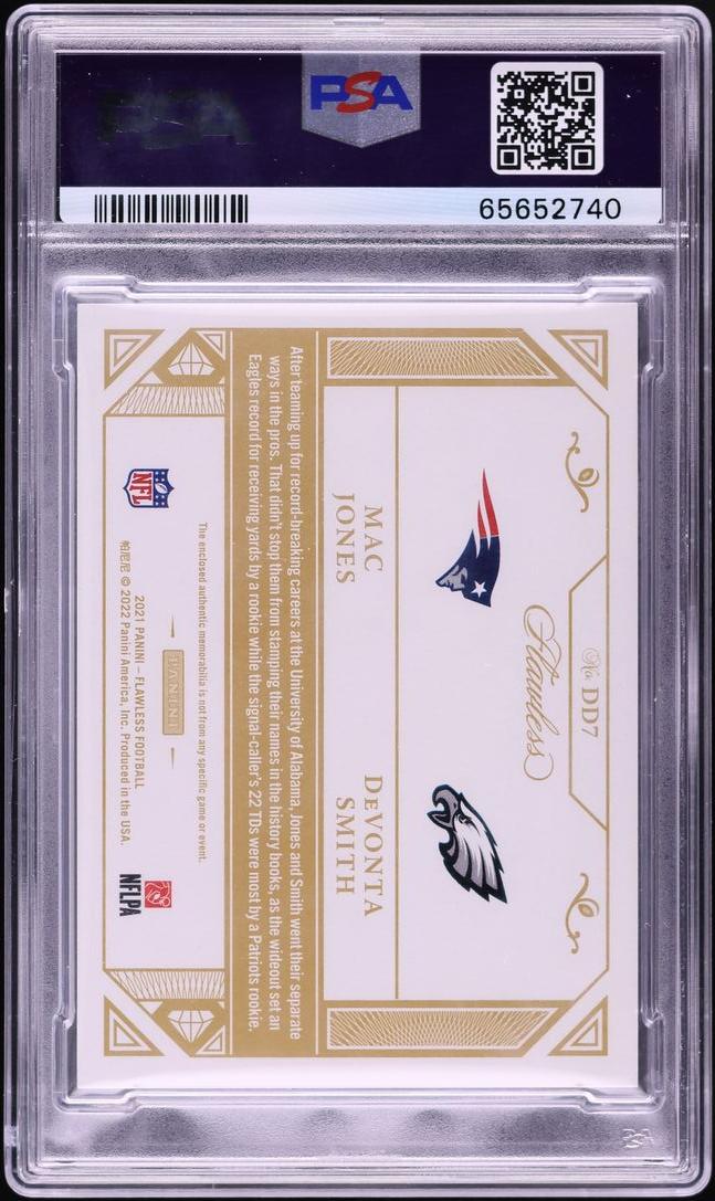 Back of 2021 Panini Flawless Dual Diamond Memorabilia Platinum Devonta Smith/Mac Jones #DD7 /1