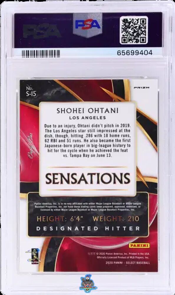 Back of 2020 Panini Select Sensations Gold Vinyl Shohei Ohtani #15 /1